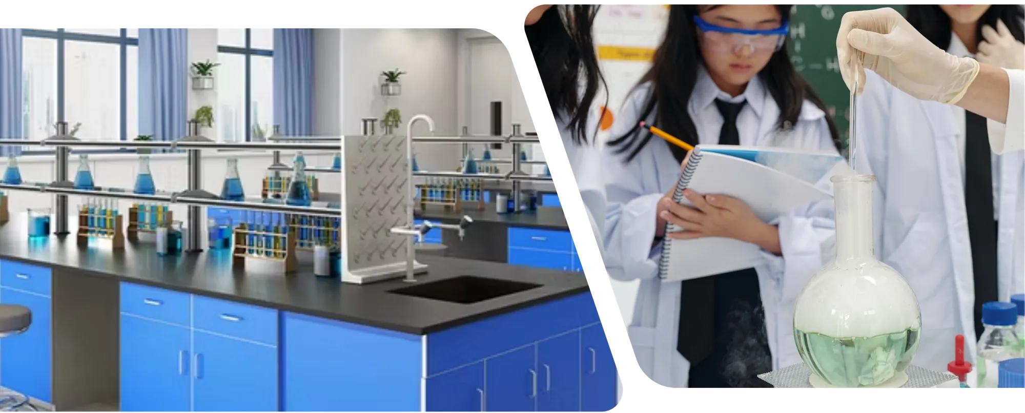 ห้องปฏิบัติการวิทยาศาสตร์และนักเรียนกำลังทำการทดลอง